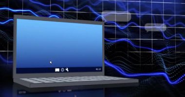 Diz üstü bilgisayar ekranı ve ızgara üzerinden ai chat ve veri işleme animasyonu. Küresel yapay zeka, bulut hesaplama, dijital arayüz ve veri işleme konsepti dijital olarak oluşturulmuş video.