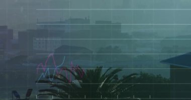 İstatistiksel veri işleme şebekesi üzerinden şehir manzarasının hava görüntüsüne karşı animasyon. Bilgisayar arayüzü ve iş veri teknolojisi kavramı