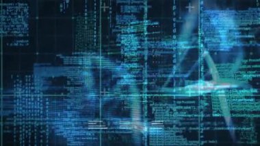 DNA iplikçiklerinin dönmesi ve şebeke üzerinde veri işlemesi. Küresel bilim, araştırma, dijital arayüz ve dijital olarak oluşturulmuş veri işleme kavramı.