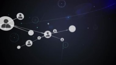 Siyah arkaplan üzerindeki simgelerle bağlantı ağının animasyonu. Dijital olarak oluşturulmuş küresel bağlantılar, iş, finans, bilgisayar ve veri işleme kavramı.