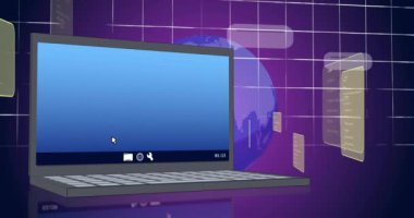 Ai sohbet ve veri işleme animasyonları mor arka planda dizüstü bilgisayarın üzerinde. Küresel yapay zeka, bulut hesaplama, dijital arayüz ve veri işleme konsepti dijital olarak oluşturulmuş video.