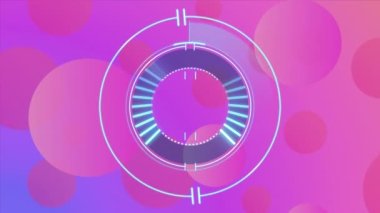 Çemberin üzerinden mor arka plana daireler yüklemenin animasyonu. Dijital olarak üretilen hologram, illüstrasyon, şekil, ilerleme, soyut ve teknoloji kavramı.