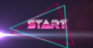 Başlangıç metninin neon çizgileri ve parlayan ışık üzerinden canlandırması. Küresel video oyunu, iletişim, dijital arayüz ve dijital olarak oluşturulmuş veri işleme kavramı.