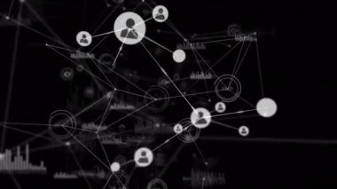 Siyah arkaplan üzerindeki simgelerle bağlantı ağının animasyonu. Dijital olarak oluşturulmuş küresel bağlantılar, iş, finans, bilgisayar ve veri işleme kavramı.