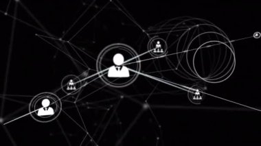 Siyah arkaplan üzerindeki simgelerle bağlantı ağının animasyonu. Dijital olarak oluşturulmuş küresel bağlantılar, iş, finans, bilgisayar ve veri işleme kavramı.