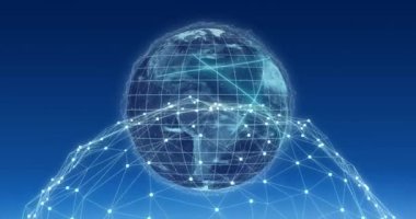 Mavi arka planda parlayan noktalar ve dünya ile bağlantı ağının animasyonu. Küresel bağlantılar, dijital arayüz ve dijital olarak oluşturulan veri işleme konsepti.