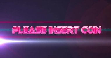 Lütfen neon hatları ve ışık yollarının üzerine bozuk para metni yerleştirin. Küresel video oyunu, iletişim, dijital arayüz ve dijital olarak oluşturulmuş veri işleme kavramı.