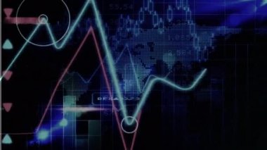 Dünya haritasında kara zemine karşı istatistiksel ve borsa veri işleme animasyonu. Küresel ekonomi ve iş teknolojisi kavramı