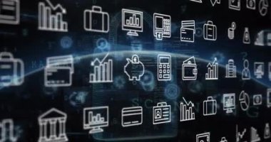 Çoklu dijital simgelerin animasyonu ve bir dünya ile siber güvenlik veri işlemesi. Siber güvenlik ve iş teknolojisi kavramı