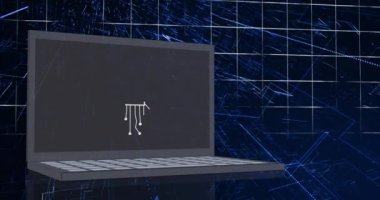Ai chat ve veri işleme animasyonları mavi arka planda dizüstü bilgisayarın üzerinde. Küresel yapay zeka, bulut hesaplama, dijital arayüz ve veri işleme konsepti dijital olarak oluşturulmuş video.