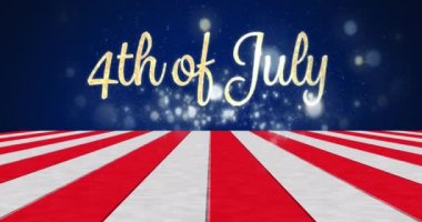 4 Temmuz metninin çizgili ve mavi arkaplandaki ışık noktalarının animasyonu. Bağımsızlık Günü, vatanseverlik ve dijital olarak üretilen video konsepti.