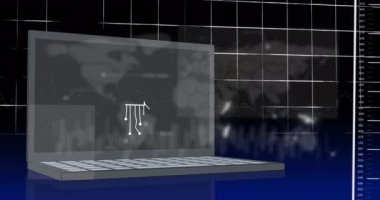 Ai chat ve veri işleme animasyonları mavi arka planda dizüstü bilgisayarın üzerinde. Küresel yapay zeka, bulut hesaplama, dijital arayüz ve veri işleme konsepti dijital olarak oluşturulmuş video.