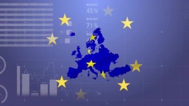 Avrupa Birliği bayrağı üzerinde finansal veri işleme animasyonu. Küresel ve Avrupa ekonomisi, finans, iş dünyası, bilgisayar ve veri işleme kavramı dijital olarak oluşturuldu.