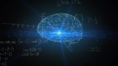 Matematiksel denklemlerin animasyonu ve insan beyni üzerinde veri işleme. Küresel bilim, bilgisayar ve veri işleme kavramı dijital olarak oluşturulmuş video.