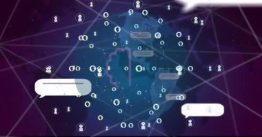 Hawaii sohbetinin animasyonu ve mor arka planda dünya üzerinde veri işleme. Küresel yapay zeka, dijital arayüz ve dijital olarak oluşturulmuş veri işleme konsepti.