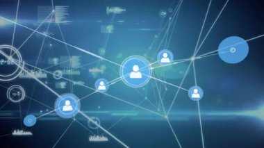 Mavi arkaplan üzerindeki simgelerle bağlantı ağının canlandırılması. Dijital olarak oluşturulmuş küresel bağlantılar, iş, finans, bilgisayar ve veri işleme kavramı.