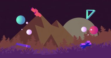 Manzara arka planında hareket eden soyut şekillerin animasyonu. Küresel bağlantılar, dijital arayüz ve dijital olarak oluşturulan veri işleme konsepti.