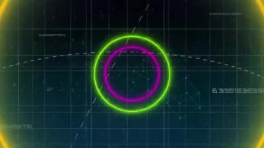 Yuvarlak tarayıcı ve neon dairesel şekillerin animasyonu mavi arkaplana karşı kusursuz desenli. Bilgisayar arayüzü ve iş teknolojisi kavramı