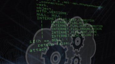 Bulutların üzerinde çarklarla bilgisayar veri işleme animasyonu. Küresel hesaplama, dijital arayüz ve veri işleme kavramı dijital olarak oluşturulmuş video.