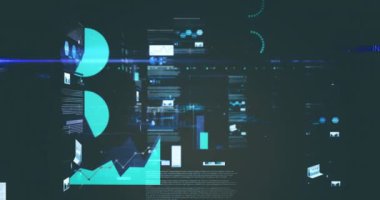 Gri arka planda istatistiksel veri işleme ve mavi ışık izlerinin animasyonu. Bilgisayar arayüzü ve iş veri teknolojisi kavramı