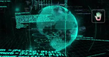 Dijital simgelerin animasyonu ve kara arka planda bir dünya üzerinde veri işlemesi. Küresel ağ ve iş teknolojisi kavramı