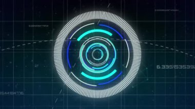 Mavi arkaplana karşı neon yuvarlak tarayıcı, veri işleme ve geometrik küplerin animasyonu. Bilgisayar arayüzü ve iş teknolojisi kavramı