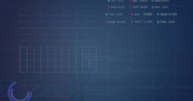 Animation of statistical and stock market data processing against blue background. Global economy and business data technology concept