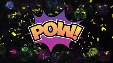 Retro konuşma balonu ve konfetilerin düşüşü üzerine pow metninin animasyonu. Vintage kutlama ve iletişim konsepti dijital olarak oluşturulmuş video.