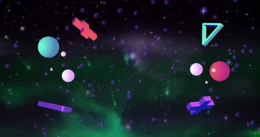 Yeşil ve mor arkaplanda hareket eden soyut şekillerin animasyonu. Küresel bağlantılar, dijital arayüz ve dijital olarak oluşturulan veri işleme konsepti.