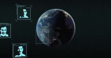 Tüm dünyada biyometrik fotoğraflar ve veri işleme animasyonları. Küresel iş, finans, dijital arayüz ve dijital olarak oluşturulan veri işleme kavramı.