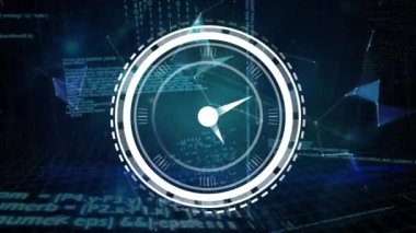 Bağlantılar ve veri işleme ağı üzerinde tıklayan saat simgesinin animasyonu. Bilgisayar arayüzü ve iş teknolojisi kavramı