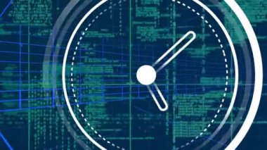 İşleyen saat simgesinin animasyonu, kusursuz desenli tünel ve mavi arkaplanda veri işleme. Bilgisayar arayüzü ve iş teknolojisi kavramı