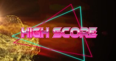 Altın dijital dalga üzerinde yüksek skorlu metin afişi ve siyah arka planda ışık noktası animasyonu. Video oyunu arayüzü teknolojisi kavramı