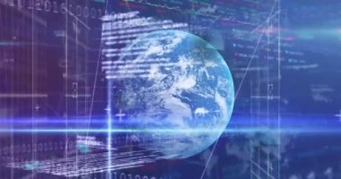 Mavi arka planda dünya çapında istatistiksel ve borsa veri işleme animasyonları. Küresel ekonomi ve iş teknolojisi kavramı