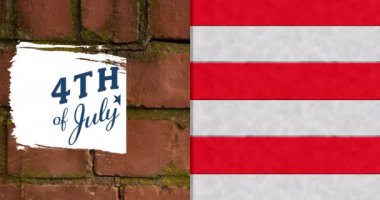 Tuğla duvarda beyaz ve kırmızı çizgili 4 Temmuz metninin animasyonu. Bağımsızlık Günü, vatanseverlik ve dijital olarak üretilen video konsepti.