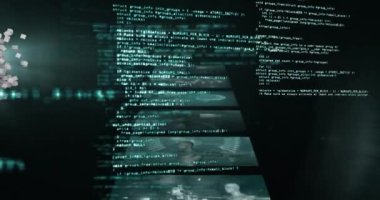 İnsan kafası ve veri işleme animasyonu. Küresel bilim, bilgisayar ve veri işleme kavramı dijital olarak oluşturulmuş video.