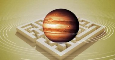 Sarı arka plandaki labirent deseni üzerinde dönen dünyanın animasyonu. Küresel seyahat, dünya ve harita konsepti dijital olarak oluşturulmuş video.