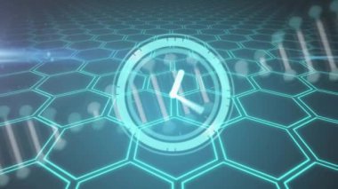 Mavi arka planda DNA iplikçikleri ve şekiller üzerinde hareket eden saatin animasyonu. Küresel bilim ve dijital arayüz kavramı dijital olarak oluşturulmuş video.