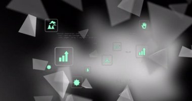 Çoklu dijital simgelerin canlandırılması ve siyah arkaplanda yüzen üç boyutlu üçgen şekiller. Bilgisayar arayüzü ve iş teknolojisi kavramı