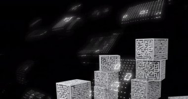 Küplerin üzerinde labirentle işlenen ikili kodlama verilerinin animasyonu. Küresel bağlantılar, bulut hesaplama, dijital arayüz ve veri işleme kavramı dijital olarak oluşturuldu.