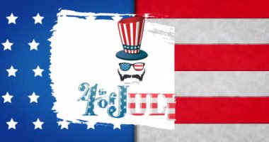 ABD bayrağının üzerindeki simgelerle 4 Temmuz metninin animasyonu. Bağımsızlık Günü, vatanseverlik ve dijital olarak üretilen video konsepti.
