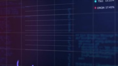 Animation of statistical and stock market data processing against blue background. Global economy and business data technology concept