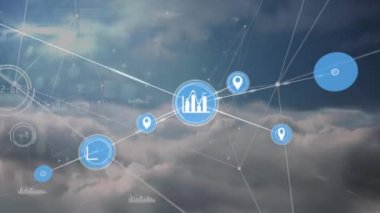 Mavi arkaplandaki bulutların üzerindeki simgelerle bağlantı ağının animasyonu. Dijital olarak oluşturulmuş küresel bağlantılar, iş, finans, bilgisayar ve veri işleme kavramı.