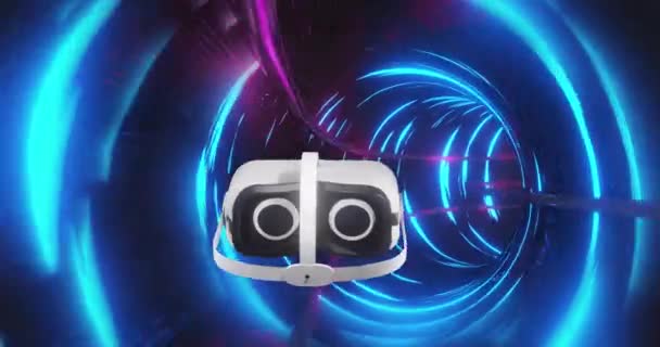 Animación Auriculares Sobre Túnel Con Senderos Luz Azul Realidad Virtual — Vídeos de Stock