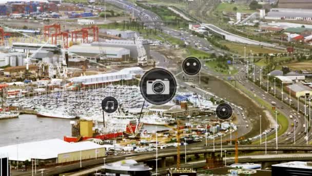Animation Network Digital Icons Aerial View City Traffic Global Networking — Stock Video