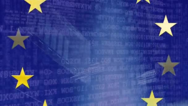 欧州連合の旗の上に財務データ処理のアニメーション グローバルとヨーロッパの経済 ビジネス コンピューティングとデータ処理の概念デジタル生成ビデオ — ストック動画