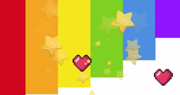 Animação Texto Orgulho Sobre Corações Estrelas Fundo Arco Íris Orgulho — Vídeo de Stock