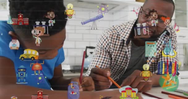 Animazione Icone Scolastiche Papà Afroamericano Con Figlio Che Compiti Educazione — Video Stock