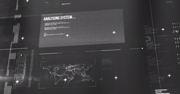 在灰色背景下 在世界地图上动画与数据处理的接口 计算机接口和商业技术概念 — 图库视频影像