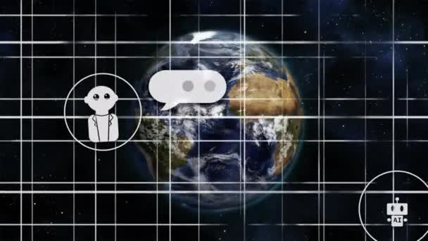 Animation Von Chat Und Datenverarbeitung Über Globus Und Raster Globale — Stockvideo